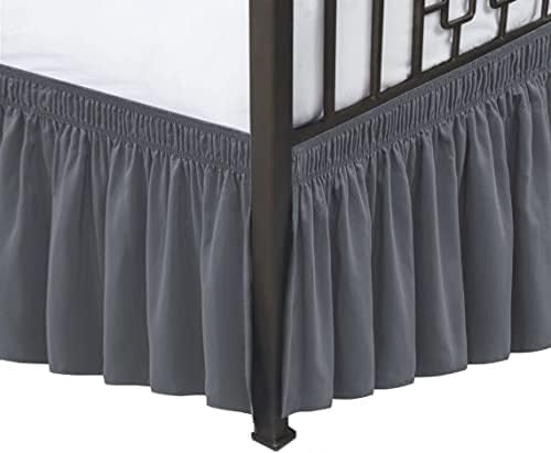 Wrap Around Bed Skirts with Split Corners for Full Beds 15" Drop, Dark Grey Adjustable Elastic Dust Ruffles Easy Fit Wrinkle Resistant Silky Luxurious Fabric Machine Washable