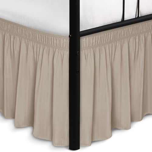 Wrap Around Bed Skirts with Split Corners for Full Beds 15" Drop, Light Camel Adjustable Elastic Dust Ruffles Easy Fit Wrinkle Resistant Silky Luxurious Fabric Machine Washable