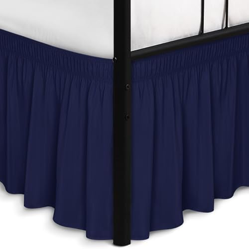 Wrap Around Bed Skirts with Split Corners for Full Beds 15" Drop, Navy Adjustable Elastic Dust Ruffles Easy Fit Wrinkle Resistant Silky Luxurious Fabric Machine Washable