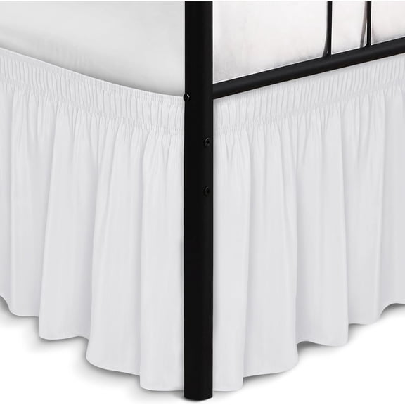 Wrap Around Bed Skirts with Split Corners for Queen Beds 15" Drop, White Adjustable Elastic Dust Ruffles Easy Fit Wrinkle Resistant Silky Luxurious Fabric Machine Washable