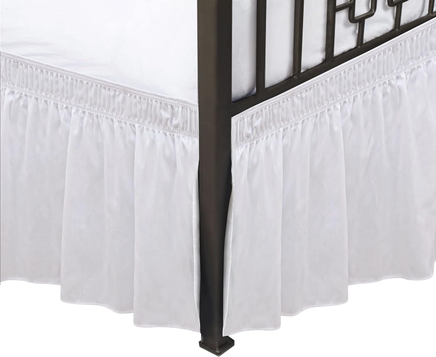 Wrap Around Bed Skirts with Split Corners for Queen Beds 16" Drop, White Elastic Dust Ruffles