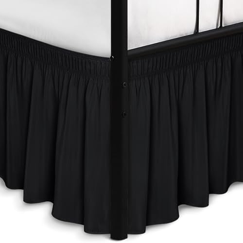 Wrap Around Bed Skirts with Split Corners for Queen Beds 17" Drop, Black Elastic Dust Ruffles Adjustable Easy Fit Wrinkle & Fade Resistant Silky Luxurious Fabric Machine Washable