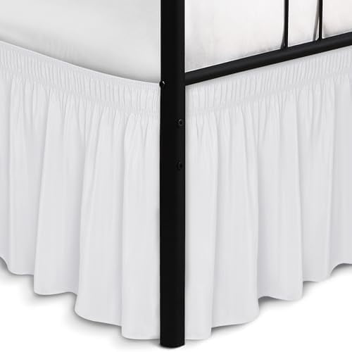 Wrap Around Bed Skirts with Split Corners for Queen Beds 18" Drop, White Adjustable Elastic Dust Ruffles Easy Fit Wrinkle Resistant Silky Luxurious Fabric Machine Washable