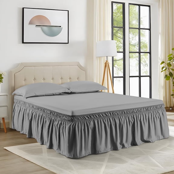 Wrap Around Dust Ruffle Bed Skirt For Twin/twin Xl Size Beds With 18 Inch Drop Dark Grey Elastic Adjustable Belts Skirting