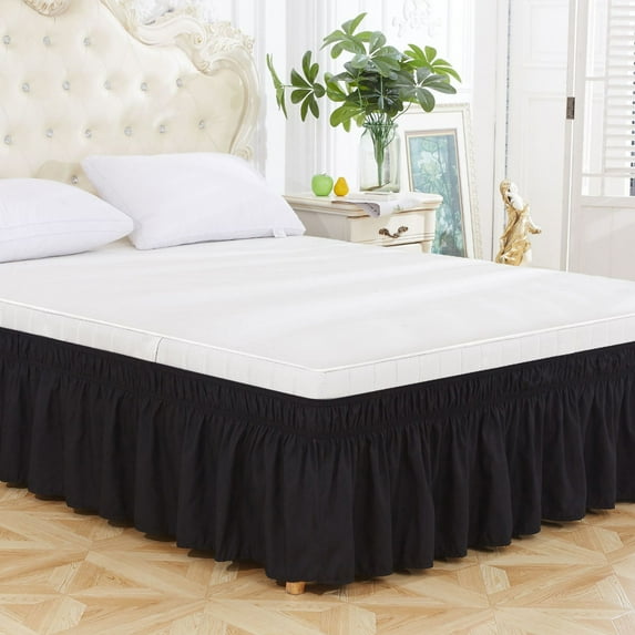 Wrap Around Dust Ruffle Bed Skirt - for Queen Size Beds with 20 in. Drop - Easy Fit Elastic Strap - Pleated Bedskirt with Brushed Fabric - Wrinkle Free, Machine Wash Black