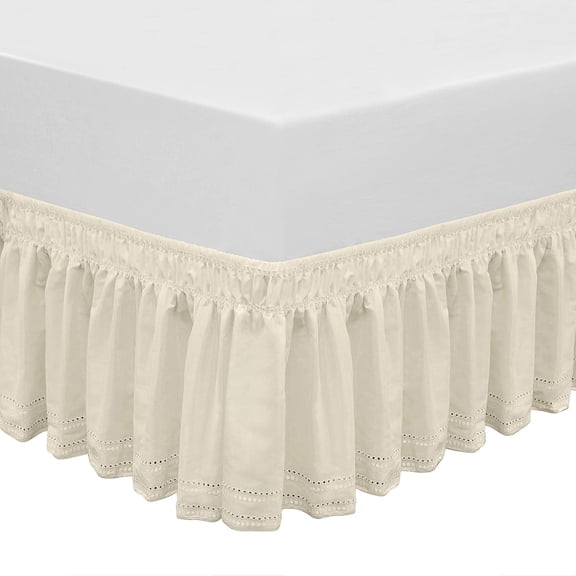 Wrap Around Elastic Eyelet Bed Skirt Dust Ruffle (Ivory, Embroidery-Twin/Full-14 1/2 Inch Drop)