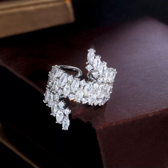 Wrap Around Finger CZ Leaf Adjustable Geometric Ring White Gold Plated Prom Gift