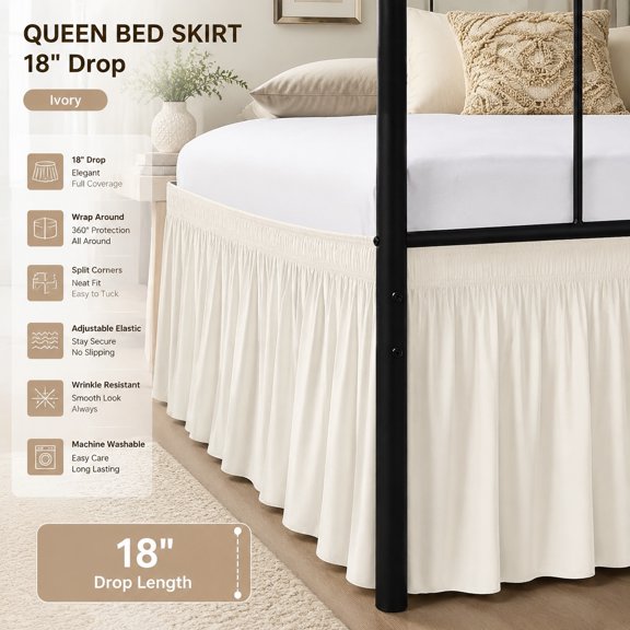 Wrap Around King Bed Skirt with Split Corners, 14" Drop, Ivory Dust Ruffle Elastic Adjustable, Wrinkle & Fade Resistant, Silky Soft Fabric, Machine Washable