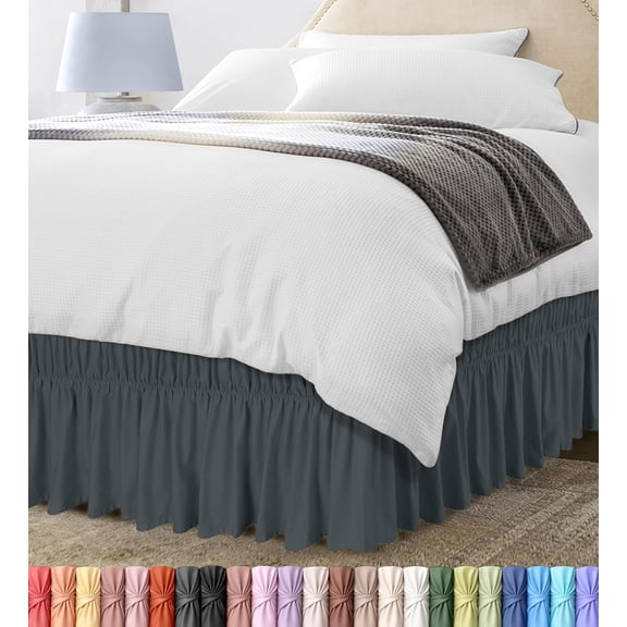 Wrap Around Ruffle Twin Size Bed Skirt – Adjustable Buckle & Elastic Belt for Easy Installation, 15 Inch Drop – Brushed Microfiber - Machine Washable, Fade and Wrinkle Resistant, Grey