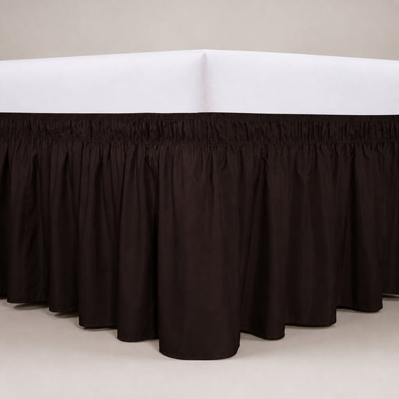 Wrap Around Ruffled Bed Skirt with Adjustable Elastic Belt - 14 Inch Drop, Wrinkle Free Dust Ruffles, Easy Fit Bed Frame Cover for Queen King Cal King, Chocolate