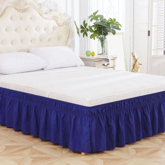 Wrap Around Ruffled Bed Skirt with Adjustable Elastic Belt, 15 Inch Drop Easy Fit, Wrinkle Resistant Dust Ruffle for Queen, King & C-King Size Beds, Spa Blue
