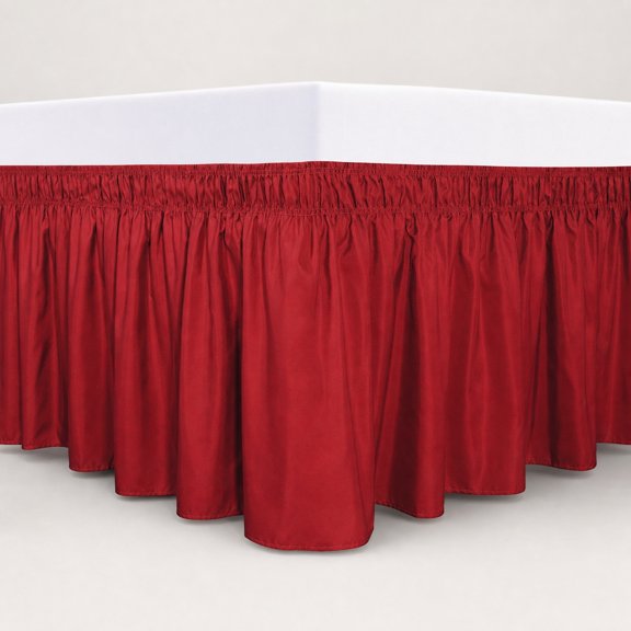 Wrap Around Ruffled Bed Skirt with Adjustable Elastic Belt - 14 Inch Drop Wrinkle Free Dust Ruffles Bed Frame Cover for Queen King Beds Red