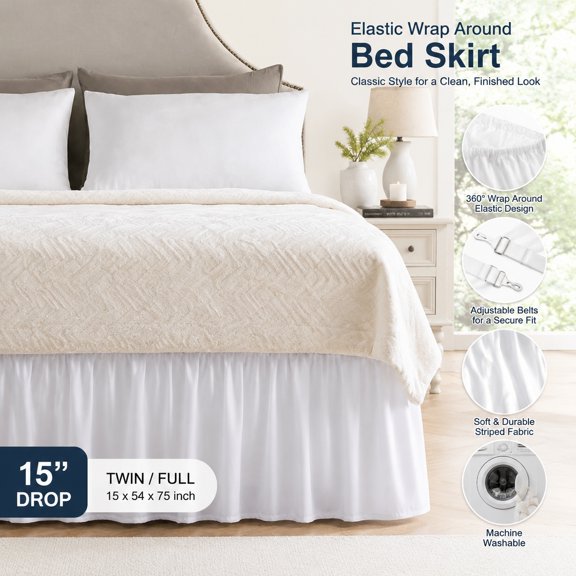 Wrap Around Ruffled Lace Bed Skirt with Adjustable Elastic Belts, Dust Ruffle Cover for King/Queen Bed Frame, Machine Washable, 15" Drop, Classic White