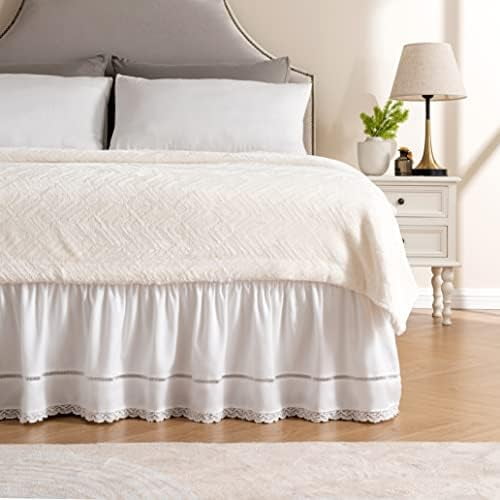 Wrap Around Ruffled Lace Bed Skirt, Elastic Dust Ruffle with Adjustable Belts,15 Inch Drop Easy to Put On, Bed Frame Cover, Machine Washable (Floral Lace, King/Queen-15)