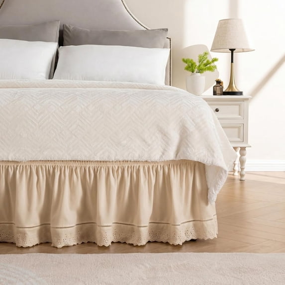 Wrap Around Ruffled Lace Bed Skirt, Elastic Dust Ruffle with Adjustable ...