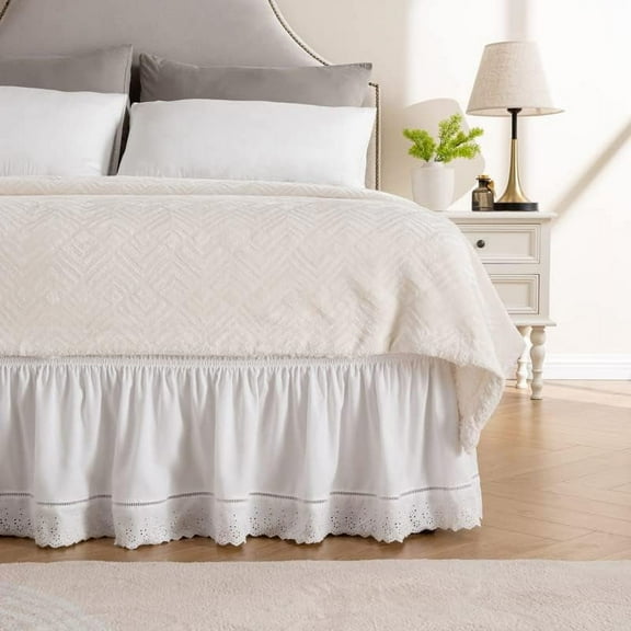 Wrap Around Ruffled Lace Bed Skirt, Elastic Dust Ruffle with Adjustable Belts, Easy to Put On, Bed Frame Cover, Machine Washable (Embroidered/White, King/Queen-22 Drop)