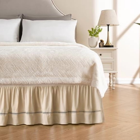 Wrap Around Ruffled Lace Bed Skirt, Elastic Dust Ruffle with Adjustable Belts, Easy to Put On, Bed Frame Cover, Machine Washable (Ruffled Lace/Beige, King/Queen-18 Drop)