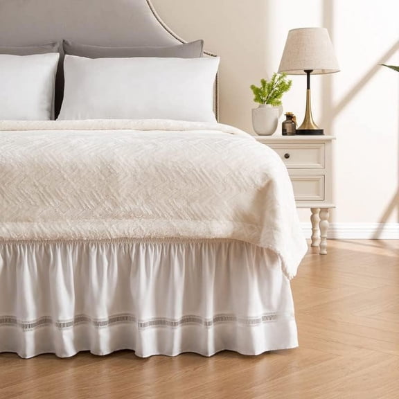 Wrap Around Ruffled Lace Bed Skirt, Elastic Dust Ruffle with Adjustable Belts, Easy to Put On, Bed Frame Cover, Machine Washable (Ruffled Lace/White, King/Queen-12.5" Drop)