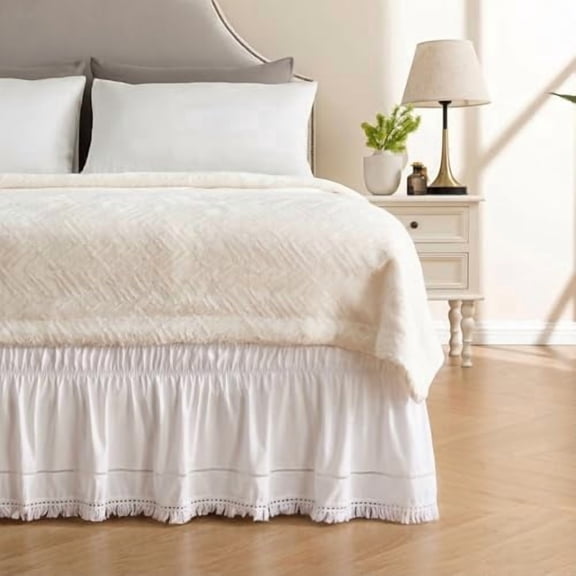 Wrap Around Ruffled Lace Bed Skirt, Elastic Dust Ruffle with Adjustable Belts, Easy to Put On, Bed Frame Cover, Machine Washable (Tassel Ruffle/White, King/Queen-18 Drop)