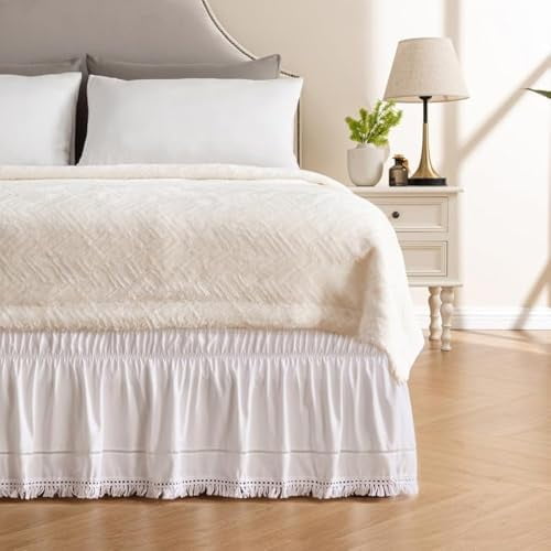 Wrap Around Ruffled Lace Bed Skirt, Elastic Dust Ruffle with Adjustable Belts, Easy to Put On, Bed Frame Cover, Machine Washable (Tassel Ruffle/White, King/Queen-18 Drop)