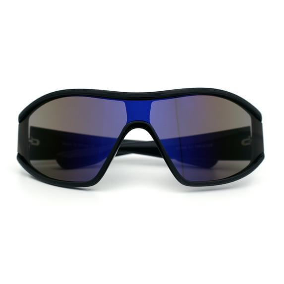Wrap Curved Color Mirror Oversize Shield Sport Plastic Sunglasses Black - Blue Mirror