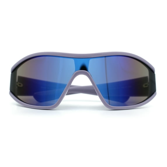 Wrap Curved Color Mirror Oversize Shield Sport Plastic Sunglasses Lavender - Blue Mirror
