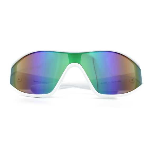 Wrap Curved Color Mirror Oversize Shield Sport Plastic Sunglasses White - Green Mirror