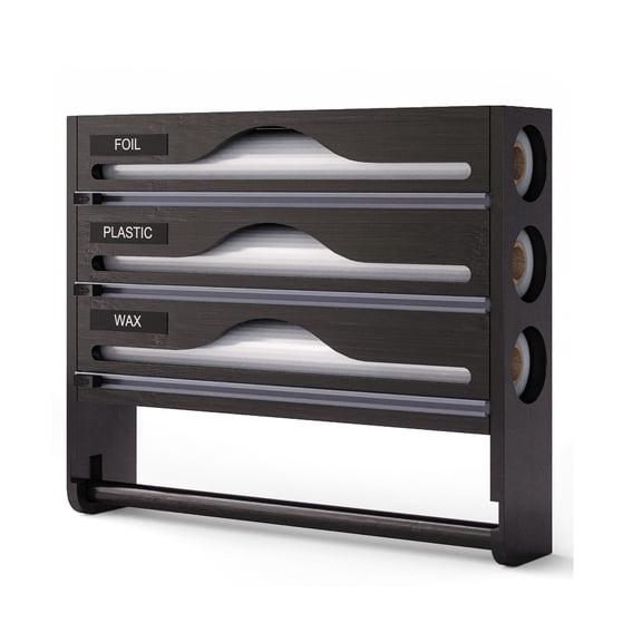 Wrap Dispenser with Cutter and Labels, Plastic Wrap Organizer For Kitchen,Bamboo 3-in-1 Wrap Dispensers for Cling Wrap Aluminum Foil and Wax,Storage Organization HolderBlack