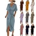 thumbnail image 1 of Wrap Dress For Women V Neck Short Sleeve Slit Solid Color Midi Dresses Casual Stylish Outfits With Pockets (XL, Mint Green), 1 of 6