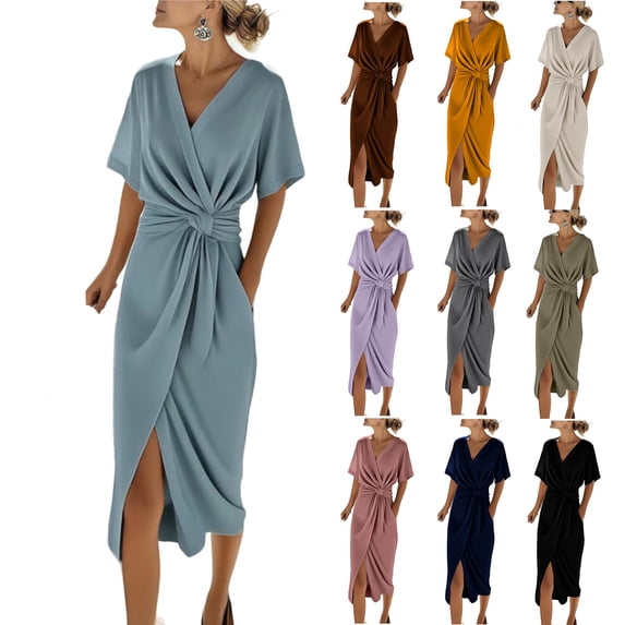 Wrap Dress For Women V Neck Short Sleeve Slit Solid Color Midi Dresses Casual Stylish Outfits With Pockets (XL, Mint Green)