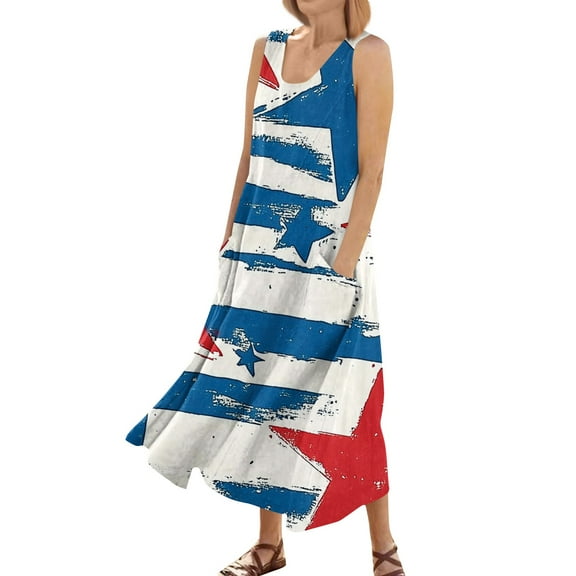 Wrap Dress For Women, 4Th Of July Dress Casual Cotton Sleeveless Round Neck American Flag Ruffle Flowy Long Tank Boho Wedding Dresses Bride Mens Shoes One Shoulder Dresses (M, Royal Blue) ZMTing