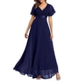thumbnail image 1 of Wrap Dress For Women, Cocktail Wedding Guest V Neck Short Sleeves Tea Length Chiffon Formal Party Dress Babydoll Western Work Dresses Women 2025 Bridesmaid Dresses Outfits (S, Navy) ZMTing, 1 of 4