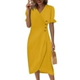 thumbnail image 1 of Wrap Dress For Women, Wedding Guest Elegant Classy V Neck Prom Dress Ruched Women Red Lace Dress 2025 Vacation Dresses Green 2024 Puff Sleeve Dress Spring Break Cocktail (XL, Yellow) ZMTing, 1 of 5