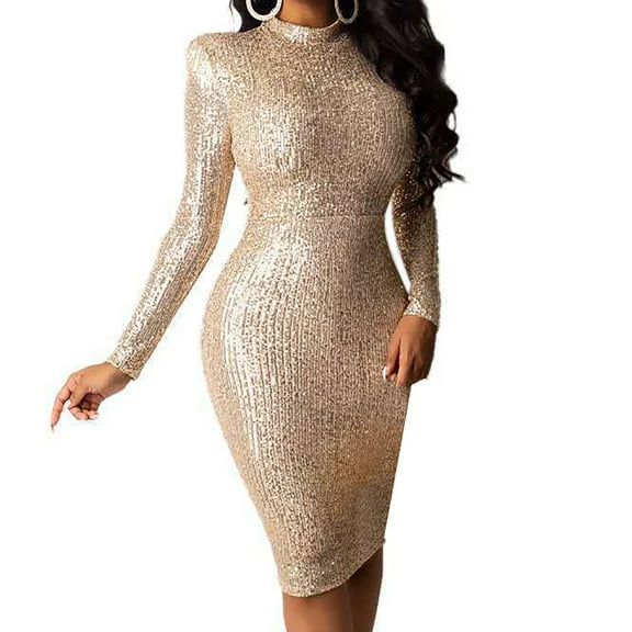Wrap Dress for Women Long Sleeve Sequin Glitter Wedding Guest Dresses Mock Neck Bodycon Cocktail Party Formal Prom Gowns Khaki S