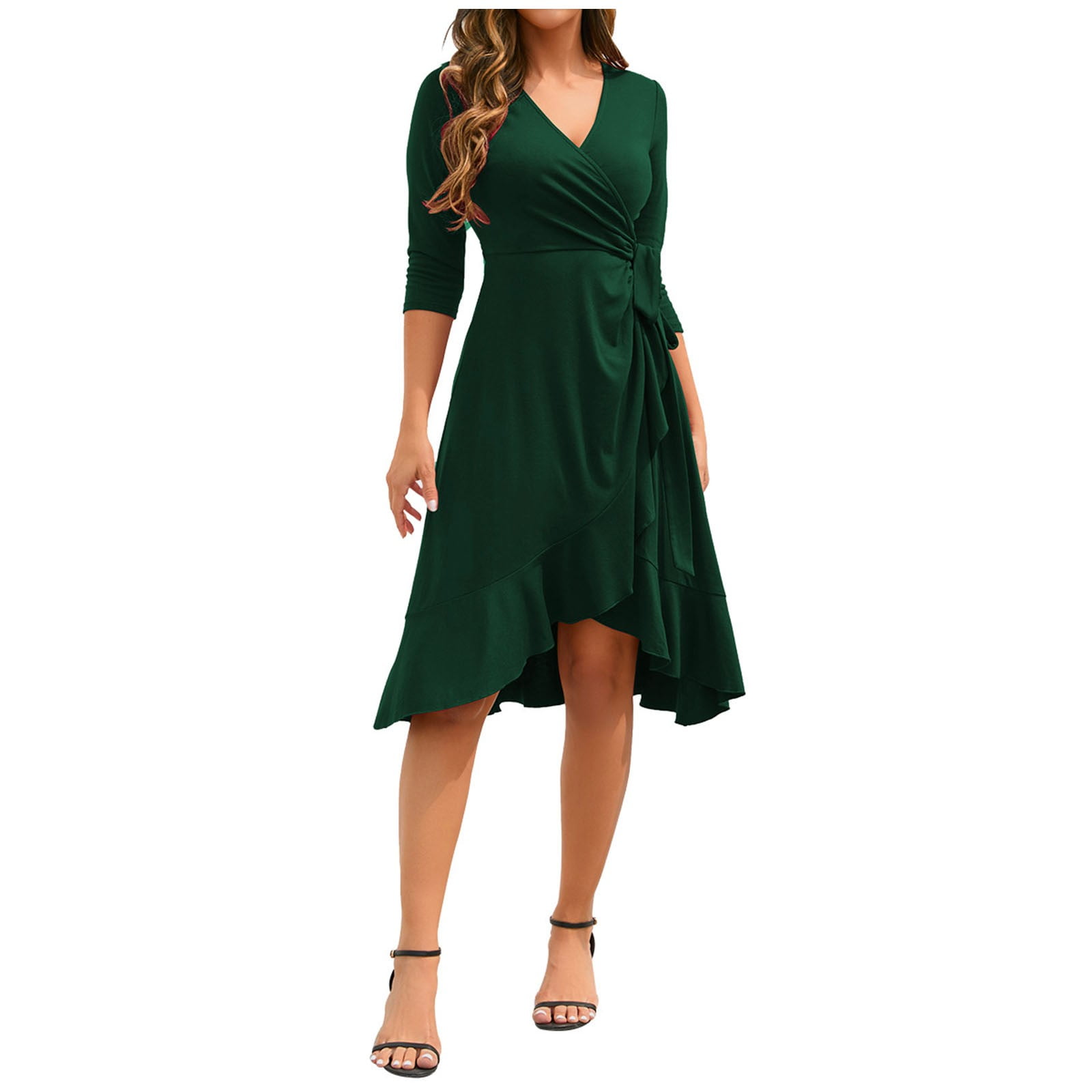 Mrat Wrap Dresses for Women Women's Wrap Dress V Neck 3/4 Sleeve Ruffle Hem Midi Dress Casual Work Dress Evening Cocktail Party Dress S-18 Green L, Mrat Wrap Dresses for Women Women's Wrap Dress V Neck 3/4 Sleeve Ruffle Hem Midi Dress Casual Work Dress Evening Cocktail Party Dress S-18 Green L,