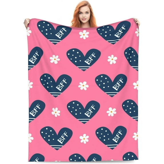 Wrap up in Friendship with This 50 X 60 Inch Flannel Blanket, Featuring Adorable Pink and Navy ''BFF'' Heart Designs Scattered with Daisies, Perfect for Cozy Gatherings