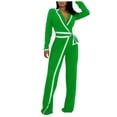 thumbnail image 1 of Wrap Front Jumpsuits for Women Contrast Paneled Long Sleeve Notched Collar Padded Shoulders Casual Jumpsuit, 1 of 7