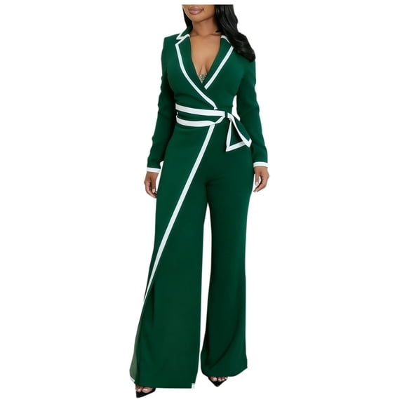 Wrap Front Jumpsuits for Women Contrast Paneled Long Sleeve Notched Collar Padded Shoulders Casual Jumpsuit