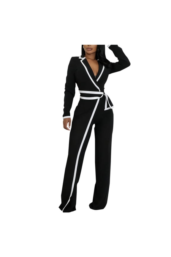 Wrap Front Jumpsuits for Women Dressy Color Block Long Sleeve Notched Collar Business Casual Blazers Formal Romper
