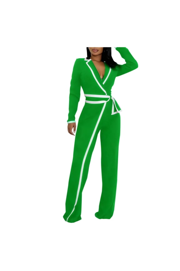 Wrap Front Jumpsuits for Women Dressy Color Block Long Sleeve Notched Collar Business Casual Blazers Formal Romper