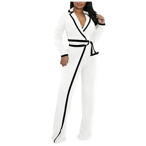 Wrap Front Jumpsuits for Women Dressy Color Block Long Sleeve Notched Collar Business Casual Blazers Formal Romper