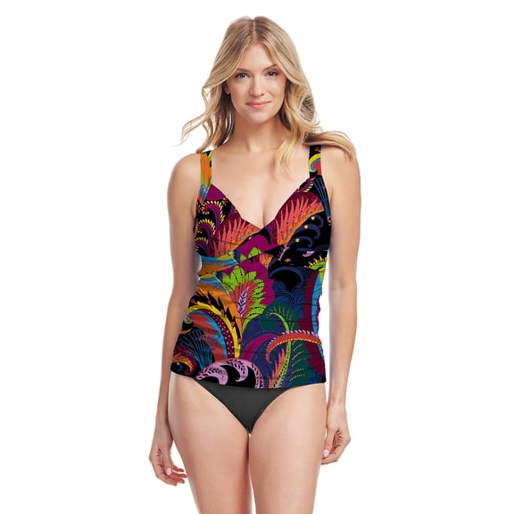 Wrap Front Underwire Tankini Top in Colorblock Paisley Black