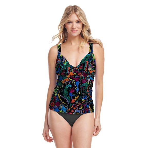 Wrap Front Underwire Tankini Top in Mediterranean Paisley Black