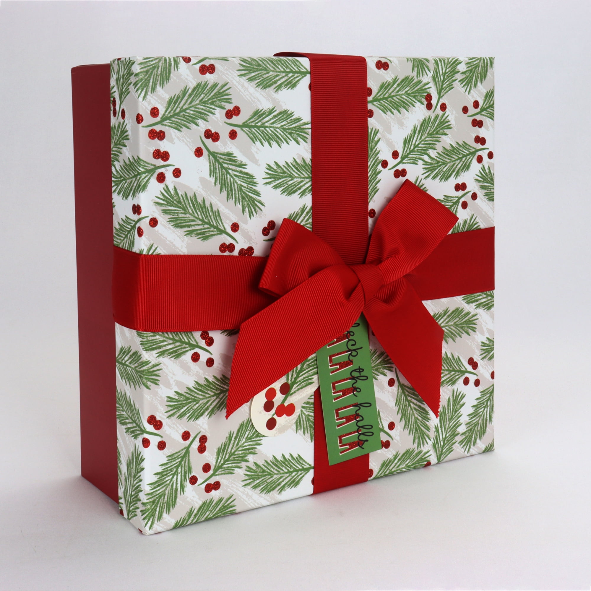 Wrap In A Hurry Christmas Ready to Gift Square Box, Red Holly