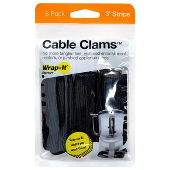 Wrap-It Storage 408-CC-3LX-BL Cable Clams Hook & Loop Cord Holders, Black, 3 In., 8-Pk. - Quantity 6