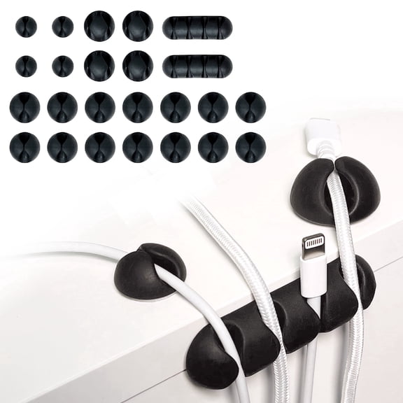 Wrap-It Storage Adhesive Cable Clips (24 Pack) - Cord Organizer for Desk Cable Management, Charger Cord Holder for Nightstand - Black