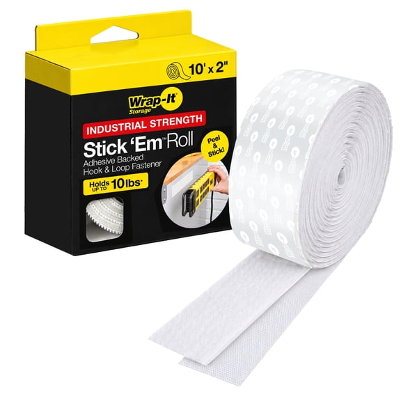 Wrap-It Storage Industrial Strength Stick 'Em Roll - 10' x 2" - Sticky Back Hook and Loop Tape, Wall Hanging Fastener Strips, Holds 10 lb - White