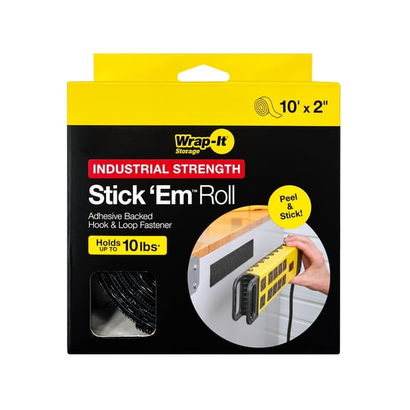 Wrap-It Storage Industrial Strength Stick 'Em Roll - 10' x 2" - Adhesive Hook and Loop Tape, Cut-to-Length Mounting Strips, Holds 10 lb - Black