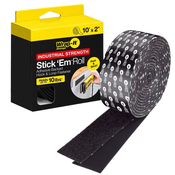 Wrap-It Storage Industrial Strength Stick 'Em Roll - 10' x 2" - Adhesive Hook and Loop Tape, Cut-to-Length Mounting Strips, Holds 10 lb - Black