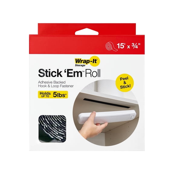 Wrap-It Storage Stick 'Em Roll - 15' x 3/4" - Adhesive Hook and Loop Tape, Cut-to-Length Mounting Strips, Reusable Fasteners for Home - Black